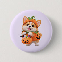 Söt Halloween-knapp med pumpa-corgi