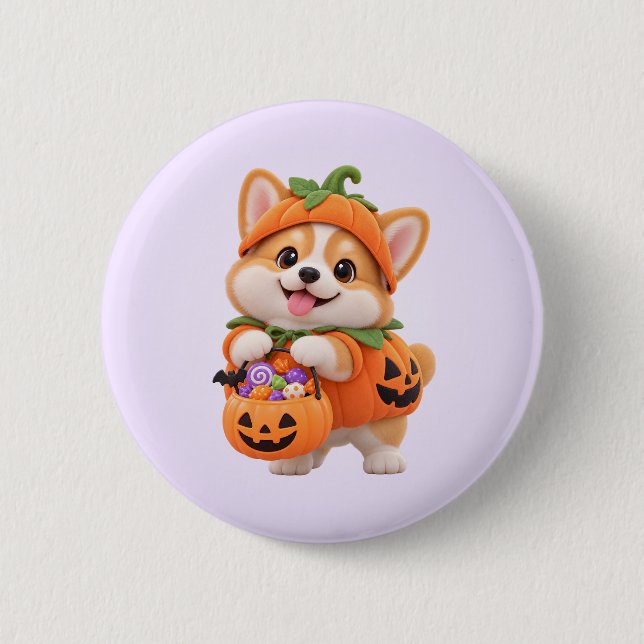 Söt Halloween-knapp med pumpa-corgi Knapp (Framsida)