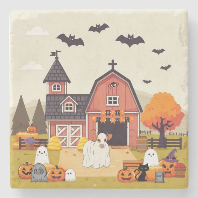 Söt Halloween-ko och bondgård Stenunderlägg (Framsidan)