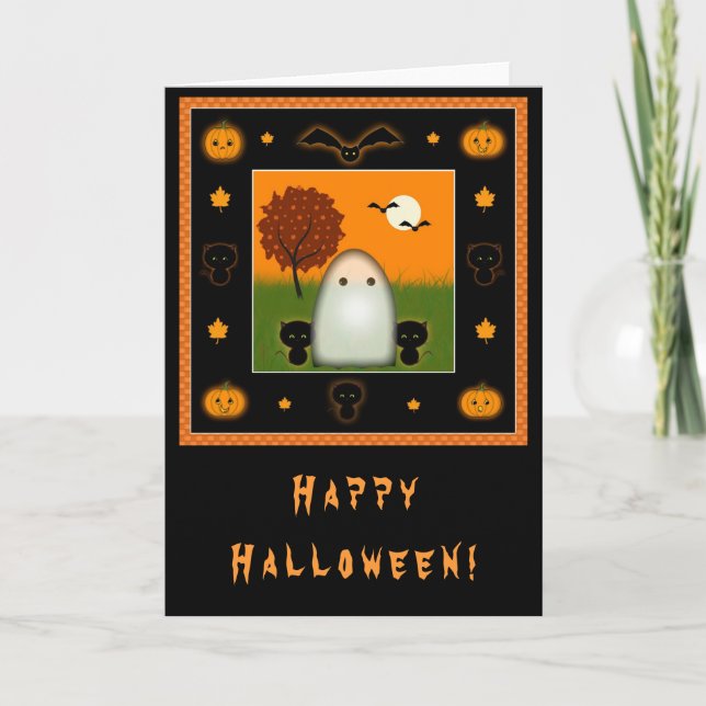 Söt Halloween-kort med spöken och katter Kort (Framsida)