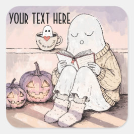 Söt Halloween-läsande spök mysig höst bokklubb Fyrkantigt Klistermärke
