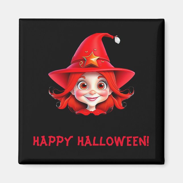 Söt Halloween-liten häxa rött hår magisk magnet (Framsidan)