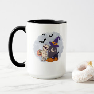 Söt Halloween-mumie och svart katt-häxa illustrati Mugg