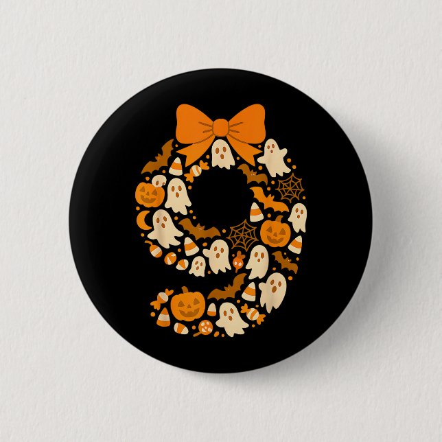 Söt Halloween Nionde Födelsedag Nummer Nio 9 År Knapp (Framsida)