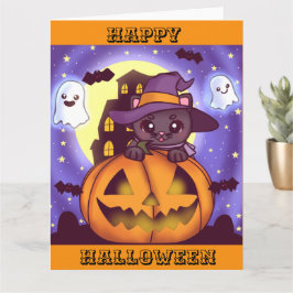 Söt Halloween Oktober Häxa Katt Kort