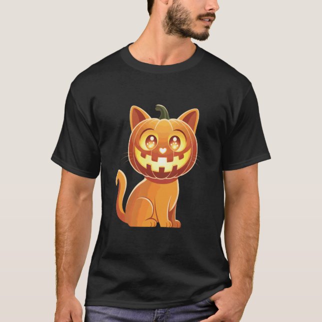 Söt Halloween Orange Katt Jack-O-Lantern Pumpa G T Shirt (Framsida)