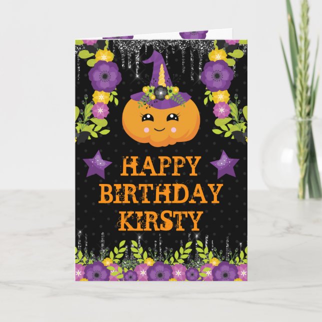 Söt Halloween-pumpa Blommig Glad födelsedag Kort (Framsida)
