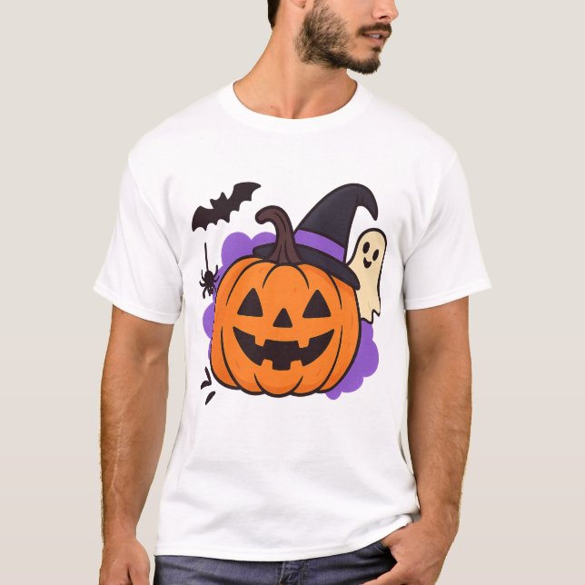 Söt Halloween-pumpa med häxhatt – spöke & fladderm T Shirt (Framsida)