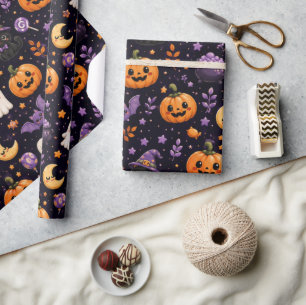Söt Halloween-pumpa Spökis Katt Fladdermus Mönster Presentpapper
