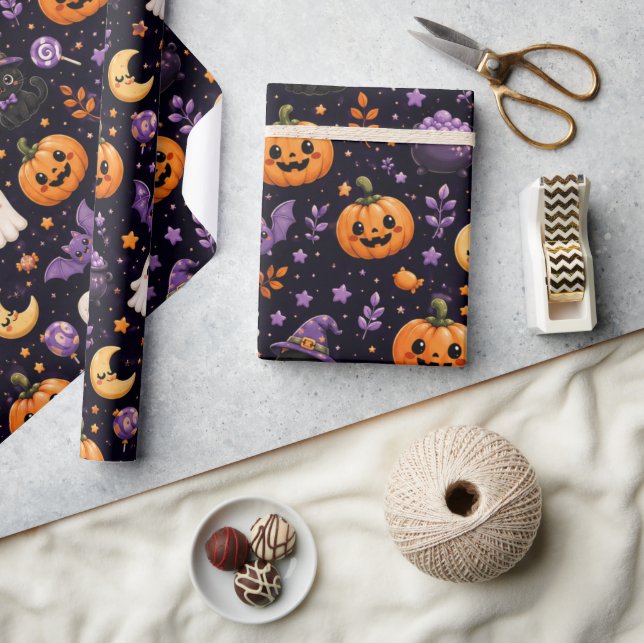 Söt Halloween-pumpa Spökis Katt Fladdermus Mönster Presentpapper (Hantverk)