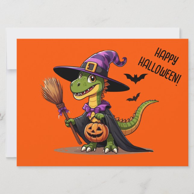Söt Halloween-rovdinosaur/häxa Julkort (Framsida)