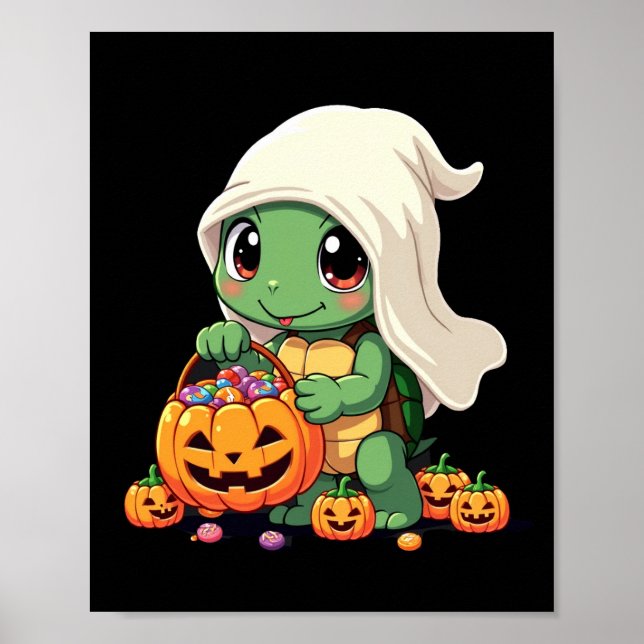 Söt Halloween Sköldpadda Spöke med Godis (3) Poster (Framsidan)