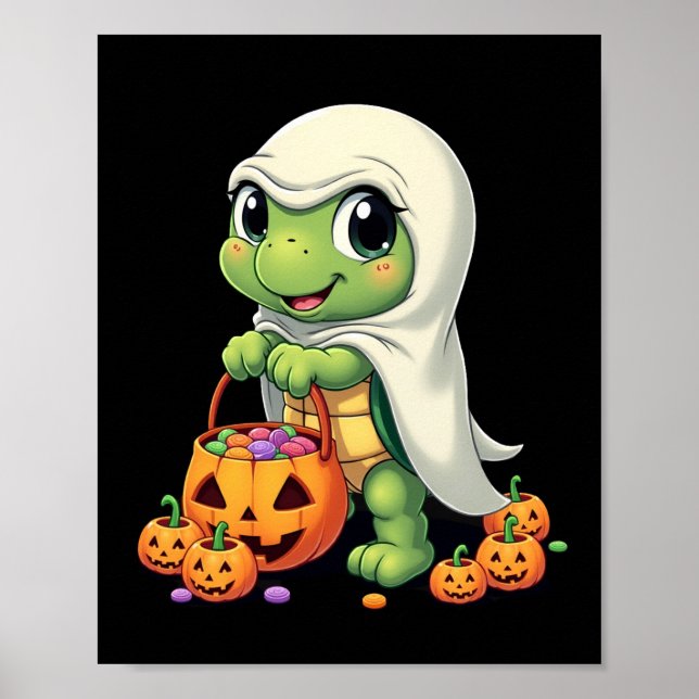 Söt Halloween Sköldpadda Spöke med Godis (4) Poster (Framsidan)