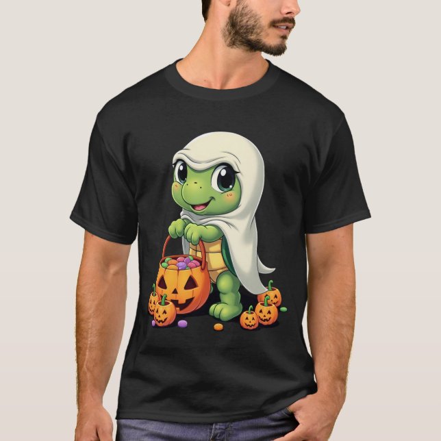 Söt Halloween sköldpadda spöke med godis (4) T Shirt (Framsida)