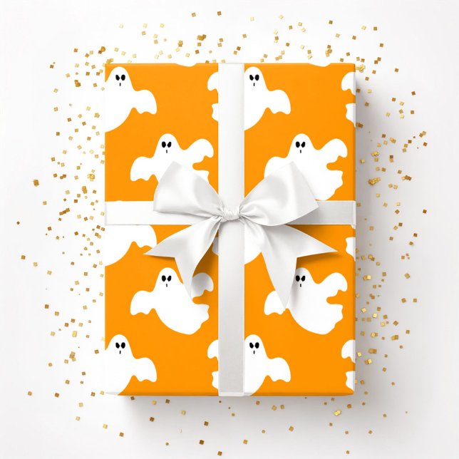 Söt Halloween-spök-mönster Orange Presentpapper (Cute Halloween Ghost Patter Orange Wrapping Paper)