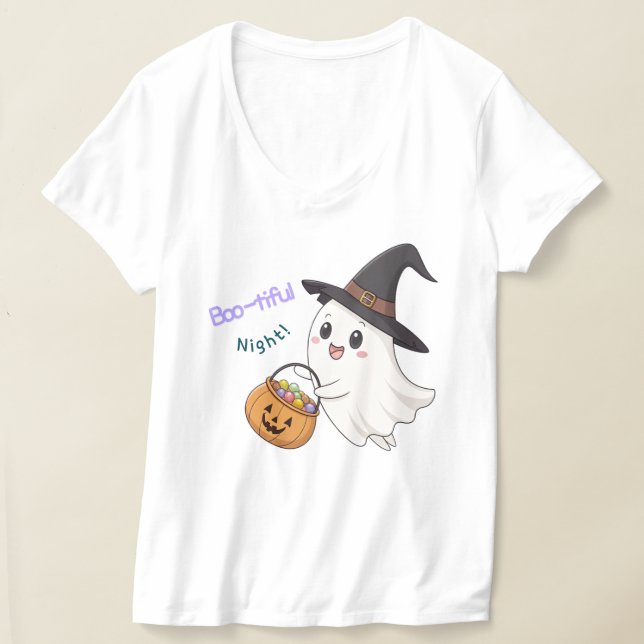 Söt Halloween-spöke Kvinnors V-ringad T-shirt (Laydown)