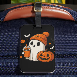 Söt Halloween-spöke med pumpa och dryck Bagagebricka