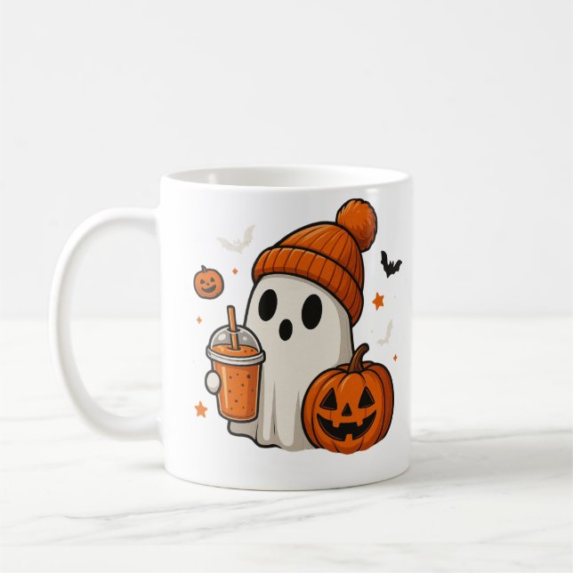 Söt Halloween-spöke med pumpa och dryck  Kaffemugg (Vänster)