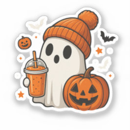 Söt Halloween-spöke med pumpa och dryck Klistermärken