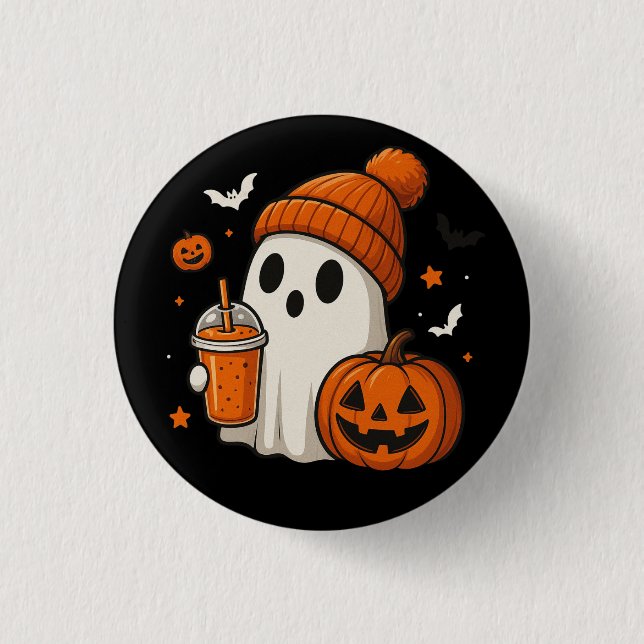 Söt Halloween-spöke med pumpa och dryck  Knapp (Framsida)
