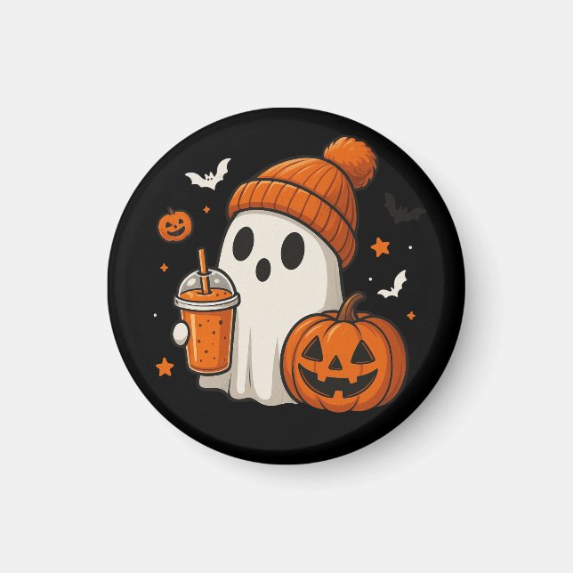Söt Halloween-spöke med pumpa och dryck  Magnet (Framsidan)