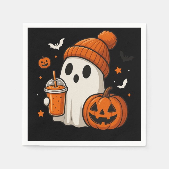 Söt Halloween-spöke med pumpa och dryck  Pappersservett (Framsidan)