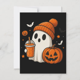 Söt Halloween-spöke med pumpa och dryck Vykort