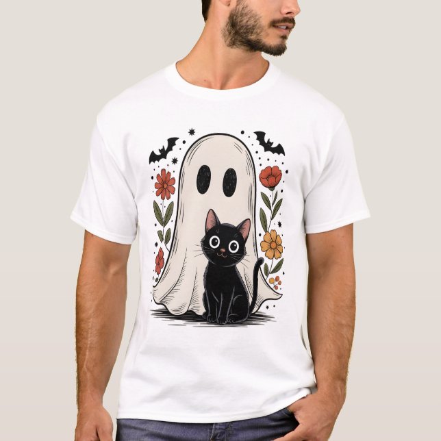 Söt Halloween-spöke och katt T Shirt (Framsida)