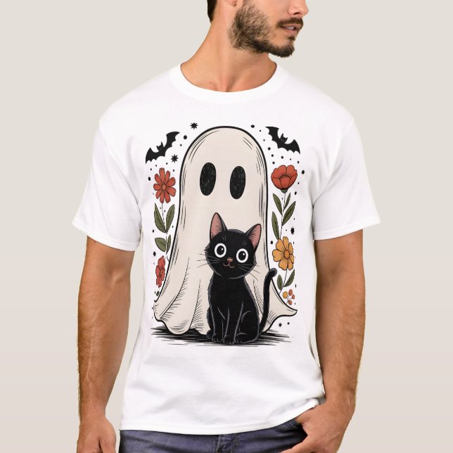 Söt Halloween-spöke och katt T Shirt (Framsida)