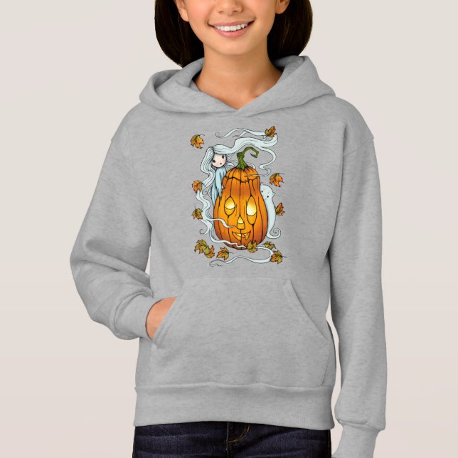 Söt Halloween-spöke och pumpa med katt T Shirt (Framsida)