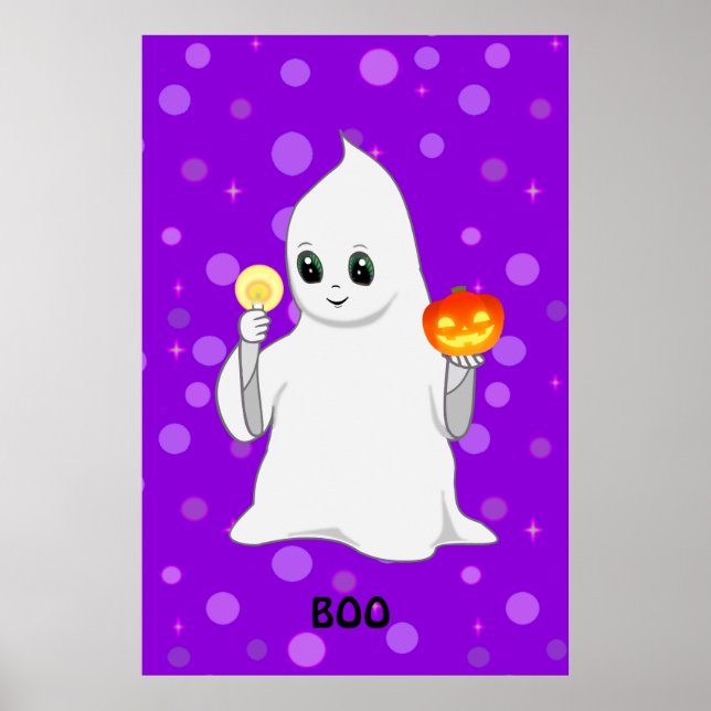 Söt Halloween-spöke & pumpa på lila Poster (Framsidan)