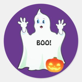 Söt Halloween-spöke & pumpa på lila Runt Klistermärke