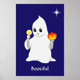 Söt Halloween-spöke & pumpa på marinblå Poster