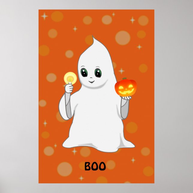 Söt Halloween-spöke & pumpa på orange Poster (Framsidan)