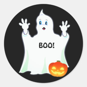 Söt Halloween-spöke & pumpa på svart Runt Klistermärke