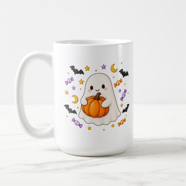 Söt Halloween-spöke som kramar pumpamugg Kaffemugg (Vänster)