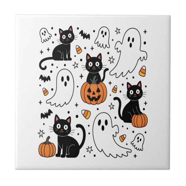 Söt Halloween-spökis Boo Katt Kakelplatta (Framsidan)