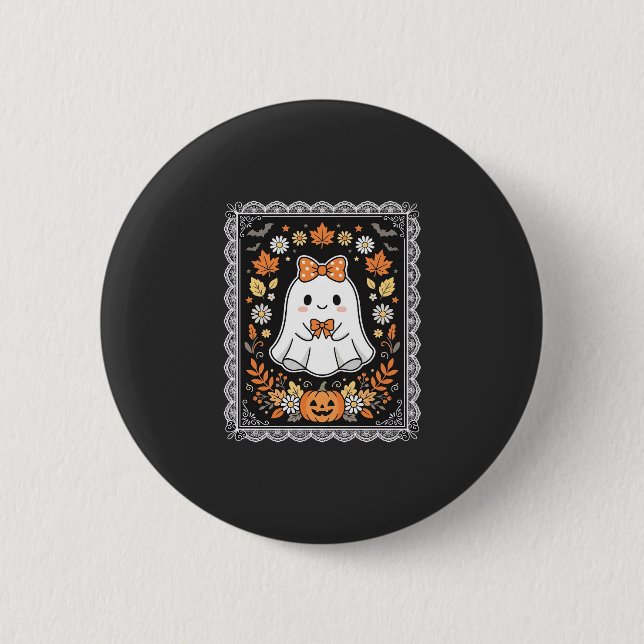 Söt Halloween-spökpumpa Blommig T-shirt-design Knapp (Framsida)