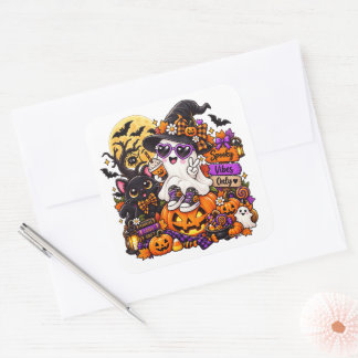 Söt Halloween-spöksticker | Skumma vibbar Fyrkantigt Klistermärke