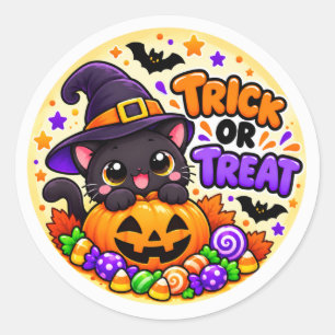 Söt Halloween svart katt bus eller godis dekal Runt Klistermärke