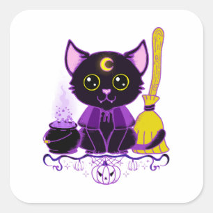 Söt Halloween svart katt häxa Fyrkantigt Klistermärke