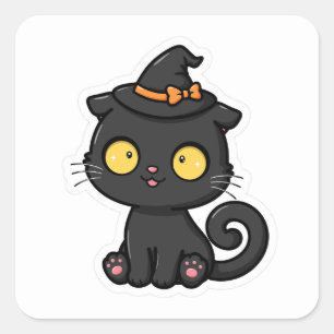Söt Halloween svart katt häxa hatt Fyrkantigt Klistermärke
