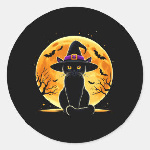 Söt Halloween Svart Katt Häxa Hatt Halloween Runt Klistermärke