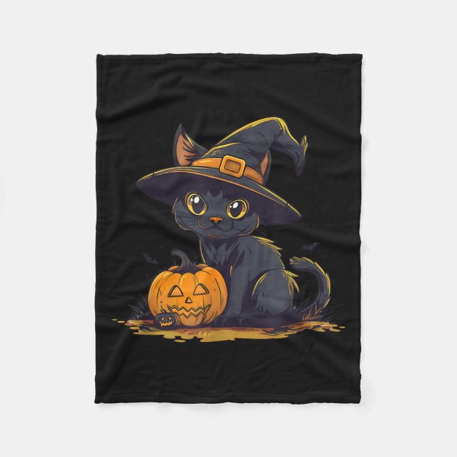 Söt Halloween svart katt häxa hatt pumpa Fleecefilt (Framsidan)