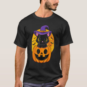 Söt Halloween svart katt häxa hatt pumpa för barn T Shirt