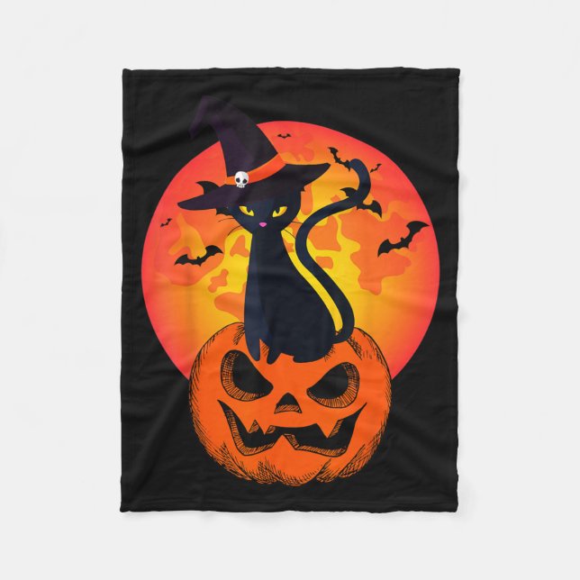 Söt Halloween Svart Katt Häxa Hatt Pumpa För Fleecefilt (Framsidan)