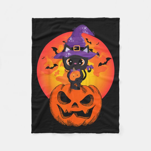 Söt Halloween Svart Katt Häxa Hatt Pumpa För Fleecefilt (Framsidan)