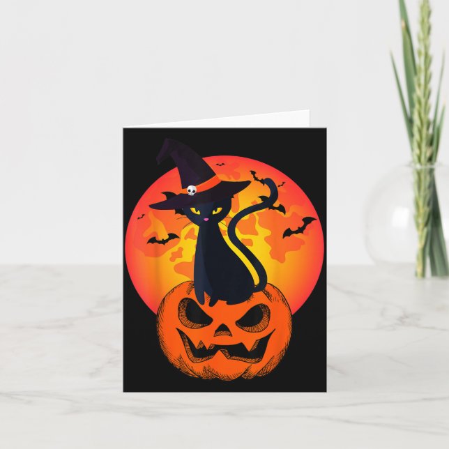 Söt Halloween Svart Katt Häxa Hatt Pumpa För Kort (Framsida)