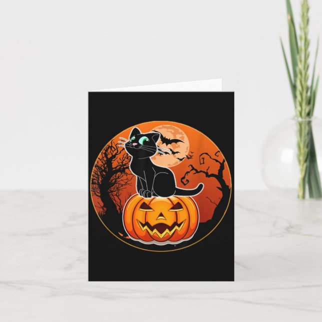 Söt Halloween Svart Katt Häxa Hatt Pumpa För Kort (Framsida)