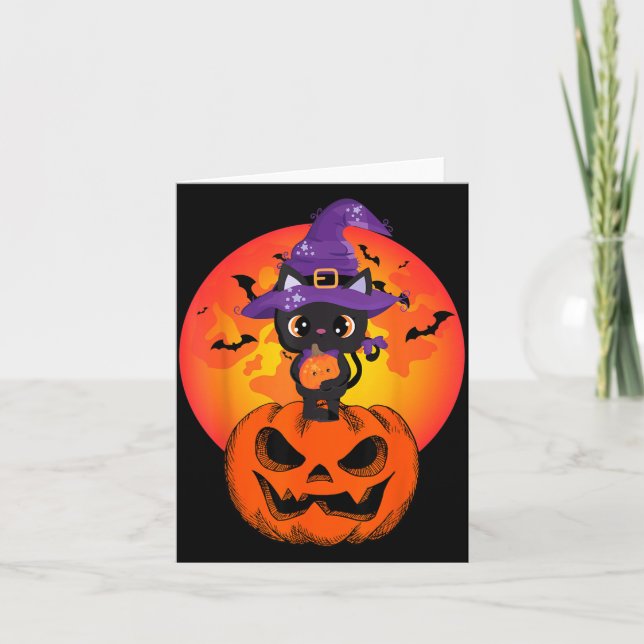 Söt Halloween Svart Katt Häxa Hatt Pumpa För Kort (Framsida)
